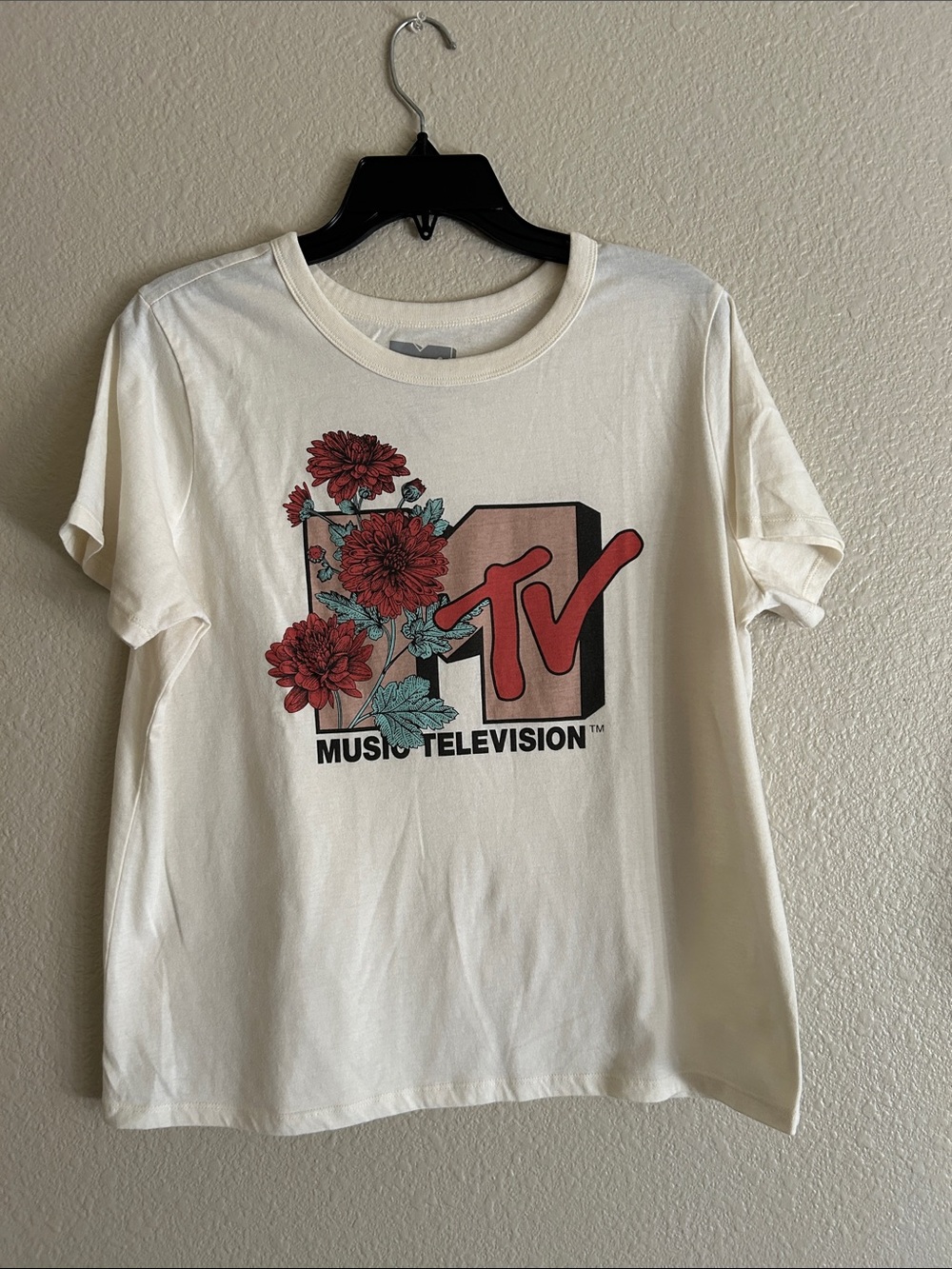 MTV Cream Tee with Red Floral Logo
